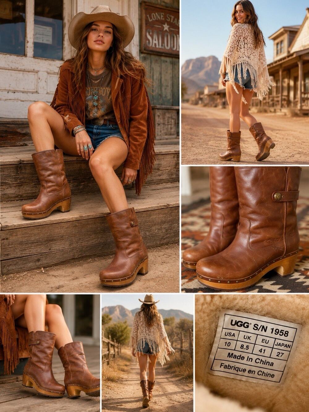 UGG Australia Lynnea Brown Leather Boots Pull on Fold over Lined Wood Size 10